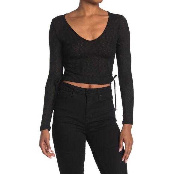 Good Luck Gem Side Tie Ribbed Top Womens L Black Cropped Long Sleeve Knit NWT - Picture 1 of 7